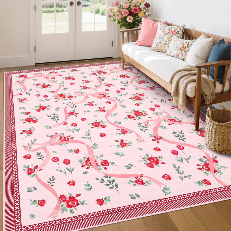 Washable Area Rug Bow Décor, Rectangle 5' x 7', Red