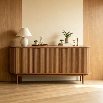 63" Wavy Sideboard, Double‑Door Buffet Cabinet with Adjustable Shelves for Kitchen, Living Room, Hallway, Brown