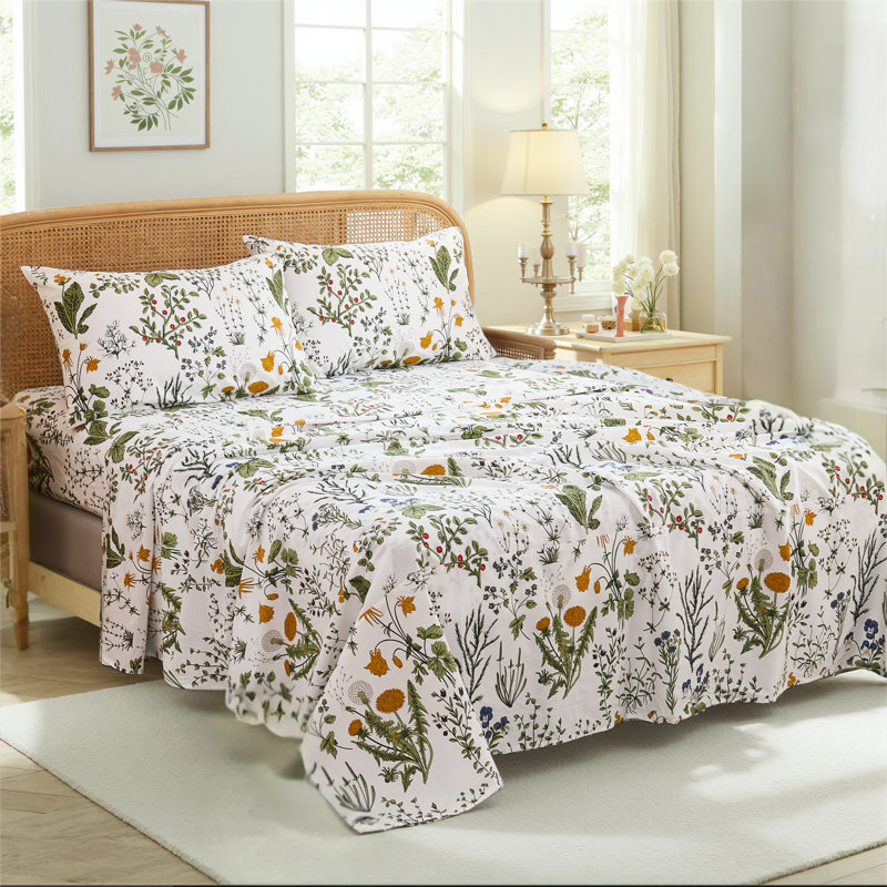 100% Cotton Sheet Set Queen Size – 4-Piece Vintage Green Floral Bedding Set, Soft Breathable Percale Weave, Deep Pocket Fitted Sheet 17.5", Crisp Cool Feel, Refined Botanical Elegance