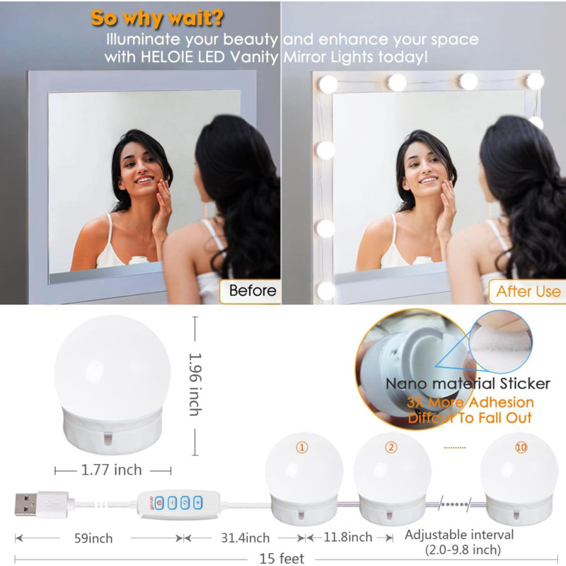 Lumières de miroir de coiffeuse à DEL, lumières de coiffeuse pour miroir de maquillage, 10 ampoules à intensité variable, couleur et luminosité réglables, câble USB, miroir non inclus