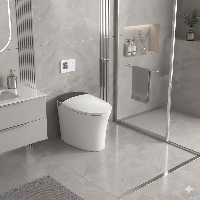 Elongated smart toilet with integrated bidet, ADA comfort-height heated seat, powerful 1000g MAP rated flush, warm water washing/dryer, nightlight, and a dual-flush system (1/1.28 GPF) for residential bathrooms.