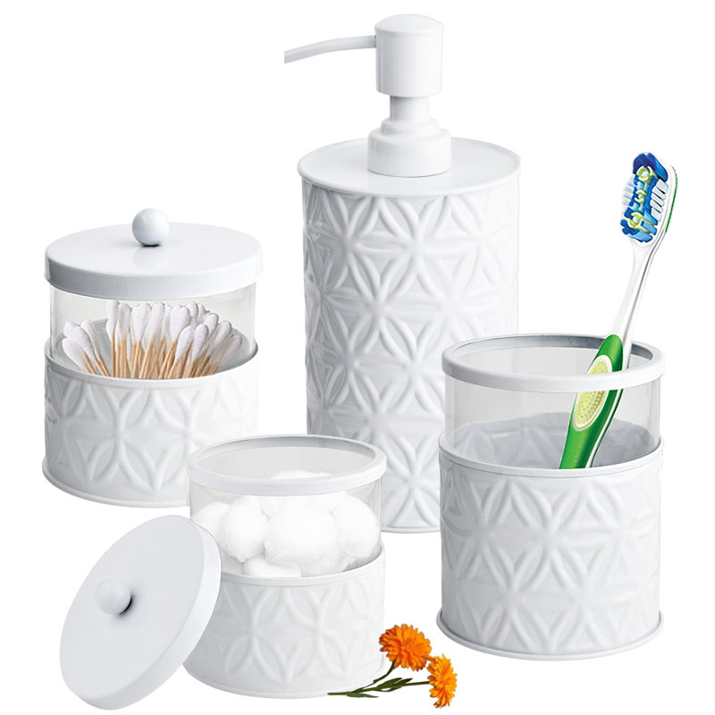  Ensemble d'accessoires de salle de bain blanc, 4 pièces, décor pour salle de bain - Distributeur de savon / Distributeur de lotion, Porte-brosse à dents, 2 pots d'apothicaire en verre (porte-gobelet)