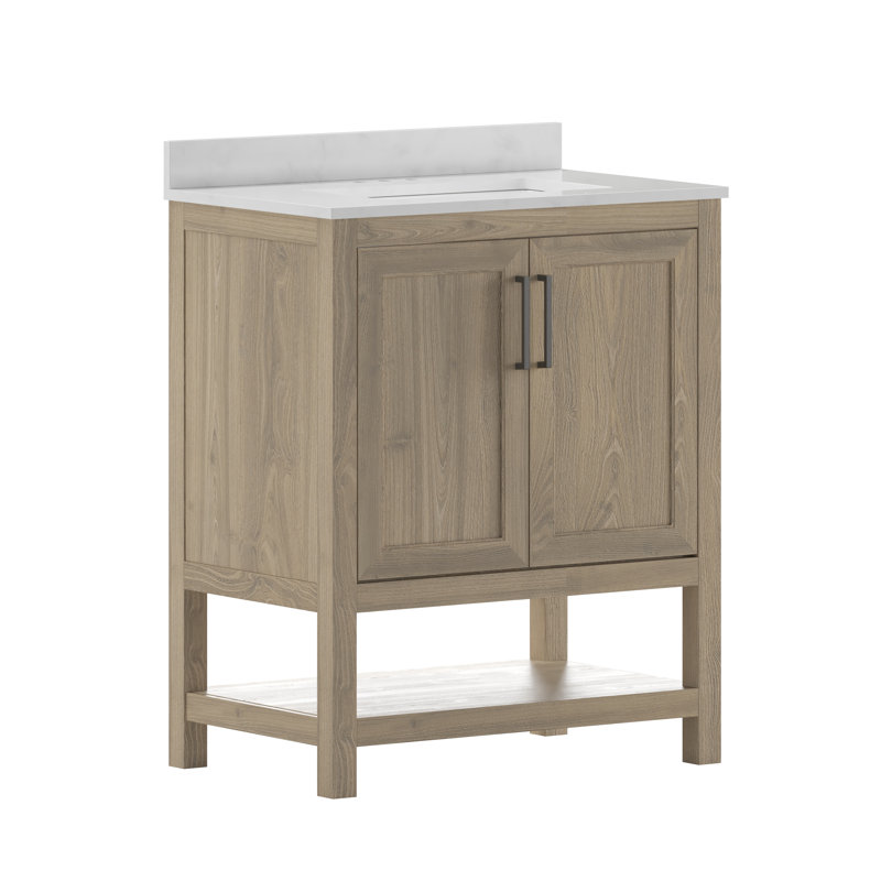 Ajmer 30'' Free-standing Single Bathroom Vanity with Undermount Sink and Open Storage Shelf, Brown, Matte Black