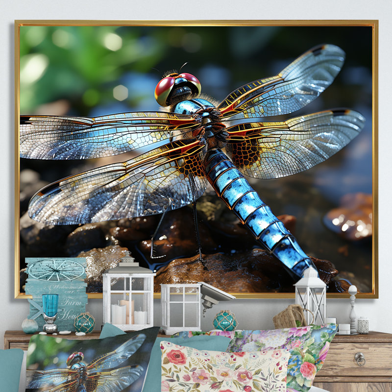 «Blue Fluttering Dragonfly I», art mural libellule, Cadre flottant doré, H 30 po x l 40 po x P 1,5 po