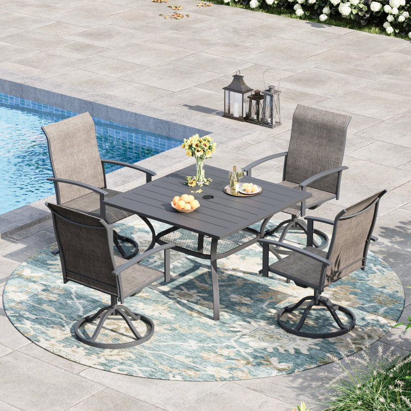 4-Person Square Patio Dining Set With Swivel PVC-coated polyester Chairs, Gray