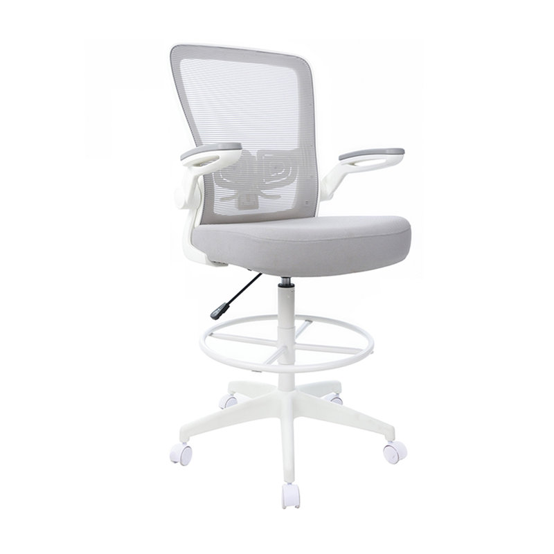 Dea Drafting Stool Chair, Flip-Up Arms, Gray Mesh, Chrome Footring, White