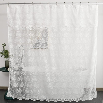 White Cottage Core Scalloped Edge Bathroom Decor Embroidered Lace Shower Curtain - 72X84