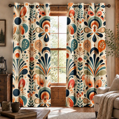 2 pièces de rideaux bloquant le soleil à motif floral rétro, rideaux de style bohémien, dessus d'anneau imprimé Mid-Century moderne à motif de feuilles et de fleurs, décoration de salon pour la maison