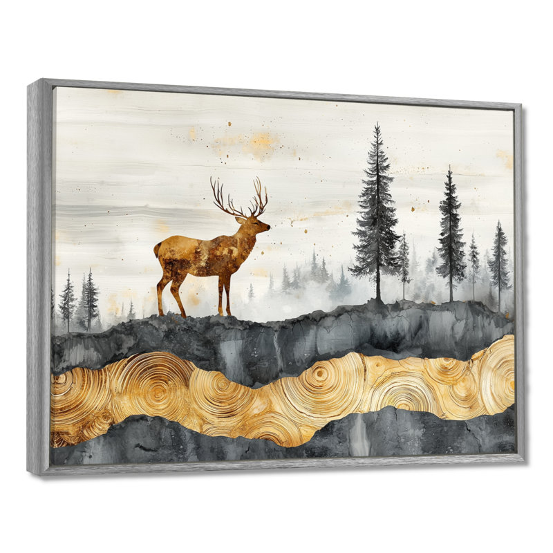 «Golden Deer Landscape Grace In The Forest III - Deer», art mural, H 12 po x l 20 po, Cadre flottant, Argent argent
