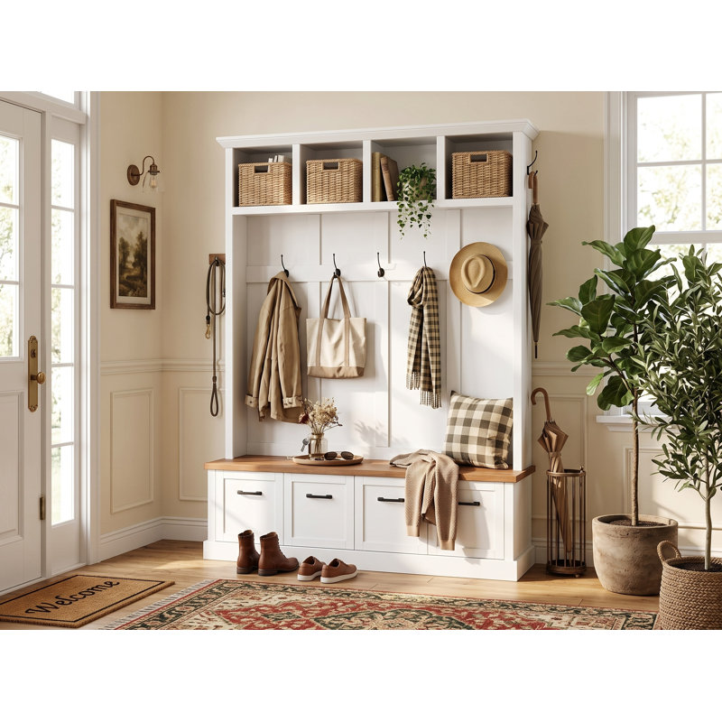 Porte-manteau d'entrée de style américain traditionnel moderne de 140 cm de large avec banc de rangement, organisateur de manteaux avec 6 crochets et rangement pour chaussures