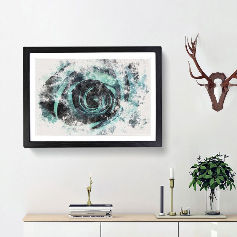A Teal Rose Watercolour - Picture Frame Graphic Art Print, Black Framed, 62cm H x 87cm W x 2cm D