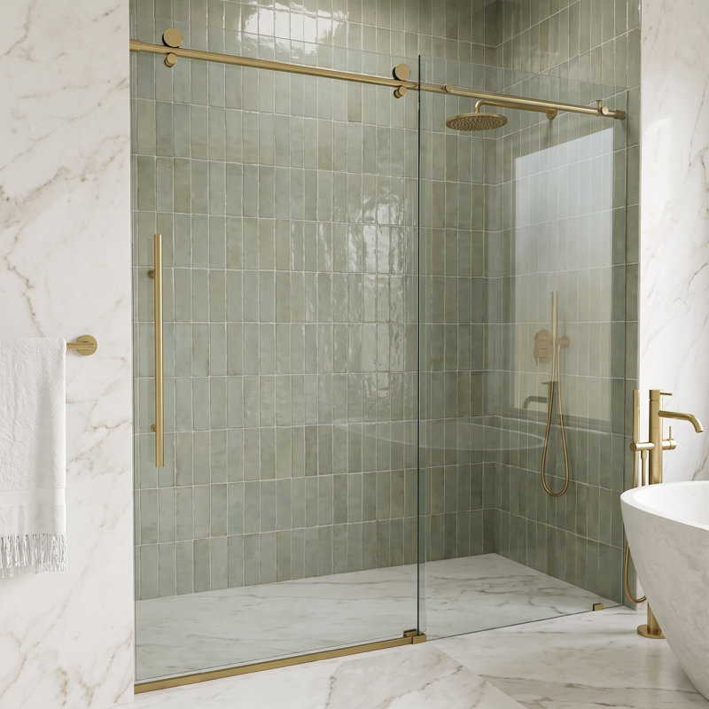 Porte de douche coulissante sans cadre Elan E-Class l 60-64 "x H 76" avec verre transparent 3/8 ", Or mat