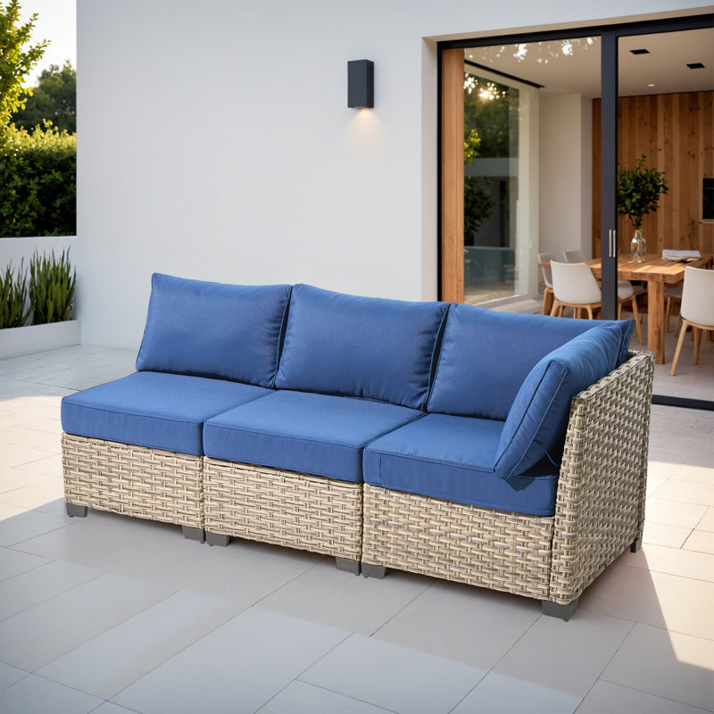 Ensemble modulaire d'extérieur en osier avec coussins Wahkon, Marine