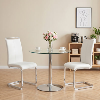 Set of 2 Modern Charlinda Faux Leather Dining Chairs with Chrome Metal Base and Handles