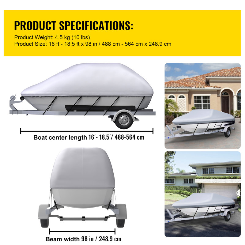 Waterproof Boat Cover, 17'-19' Trailerable Boat Cover, Beam Width, 1' H x 18.5' W x 8.2' D