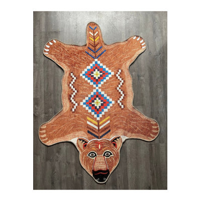 Brown Bear Figure Woven Base Machine Washable Rug