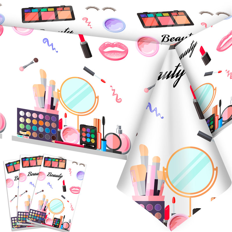Makeup Party Tablecloth, 3 Pcs Makeup Theme Tablecloth Spa Party Table Cover for Spa Birthday Party Decorations