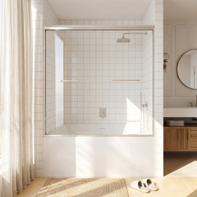 Porte de douche coulissante double encadrée, 142-152 cm L x 152 cm H, verre trempé transparent certifié SGCC de 6 mm, cadre en aluminium nickelé brossé