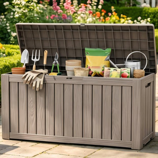 Boîte de rangement en résine résistante à l'eau 90 gallons, coffre de rangement en résine résistant aux intempéries, grande capacité verrouillable, banc de rangement extérieur polyvalent