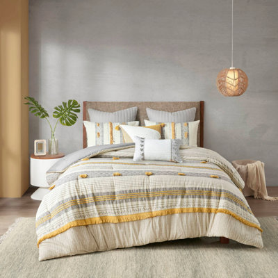 Ensemble de couette 3 pièces en coton imprimé à rayures grises/jaunes, taille grand lit/queen