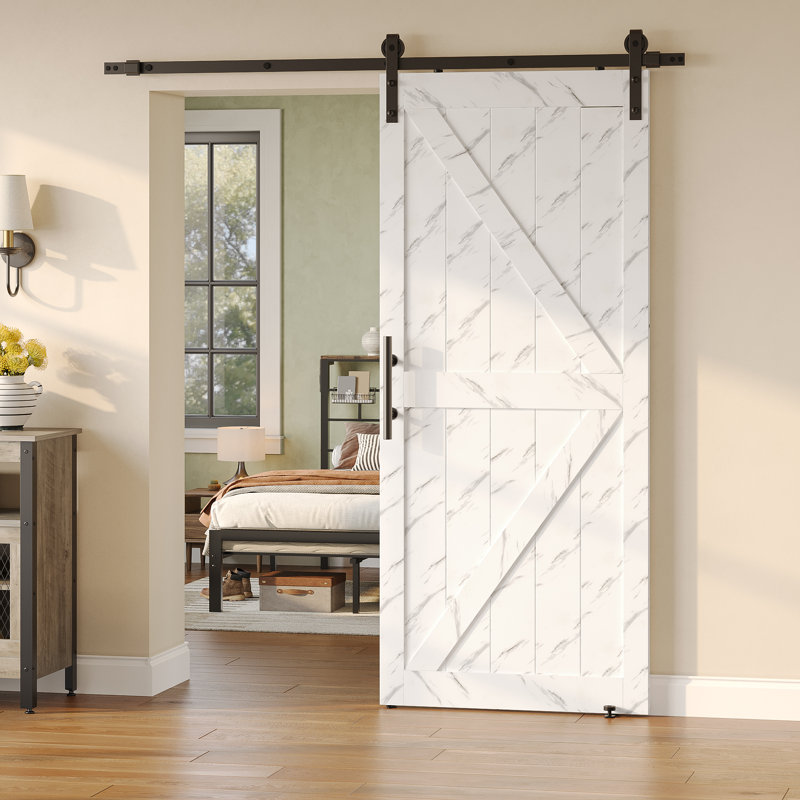 Manufactured Wood Paneled Sliding Barn Door with Installation Hardware Kit,Sliding Closet Door with PVC Surface, White Marble