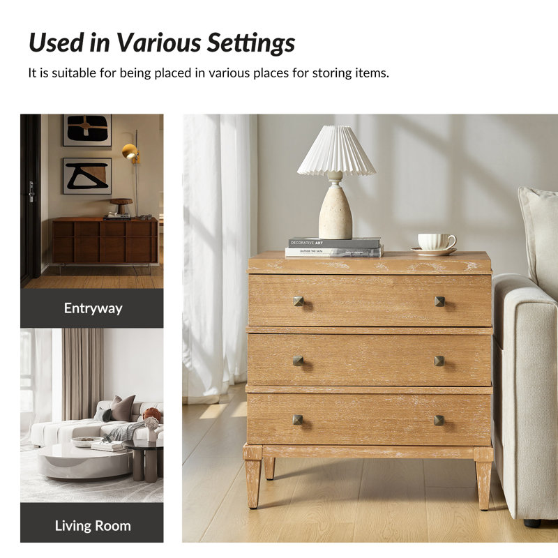 Taesan Transitional  27'' W 3-Drawer End Table with Charging Station and Solid Wood Legs, Acorn