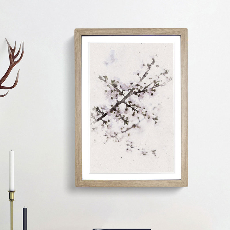 Branch of a White Cherry Blossom Tree - Picture Frame Painting Print on MDF, 33cm H x 24cm W x 2cm D, Oak Framed