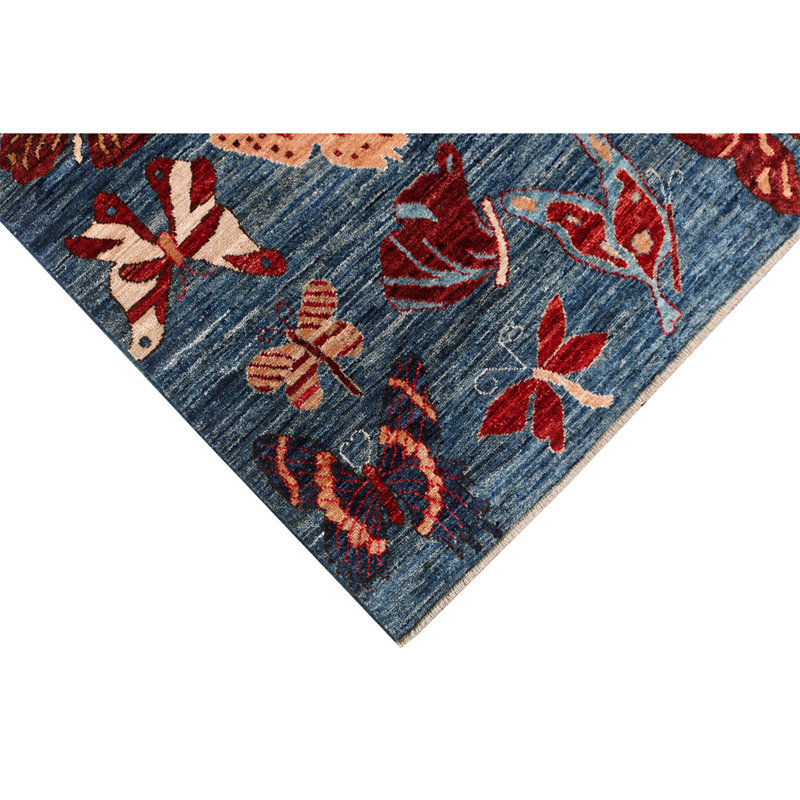 Tapis bleu clair / rouge en laine noué à la main de conception unique 5 pi 2 po x 6 pi 8 po
