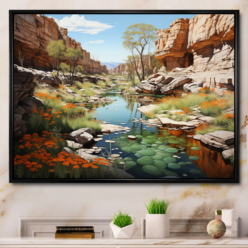 Profondeurs des canyons du canyon beige et vert - Imprimé, Cadre flottant noir, H 12 po x l 20 po x P 1 po