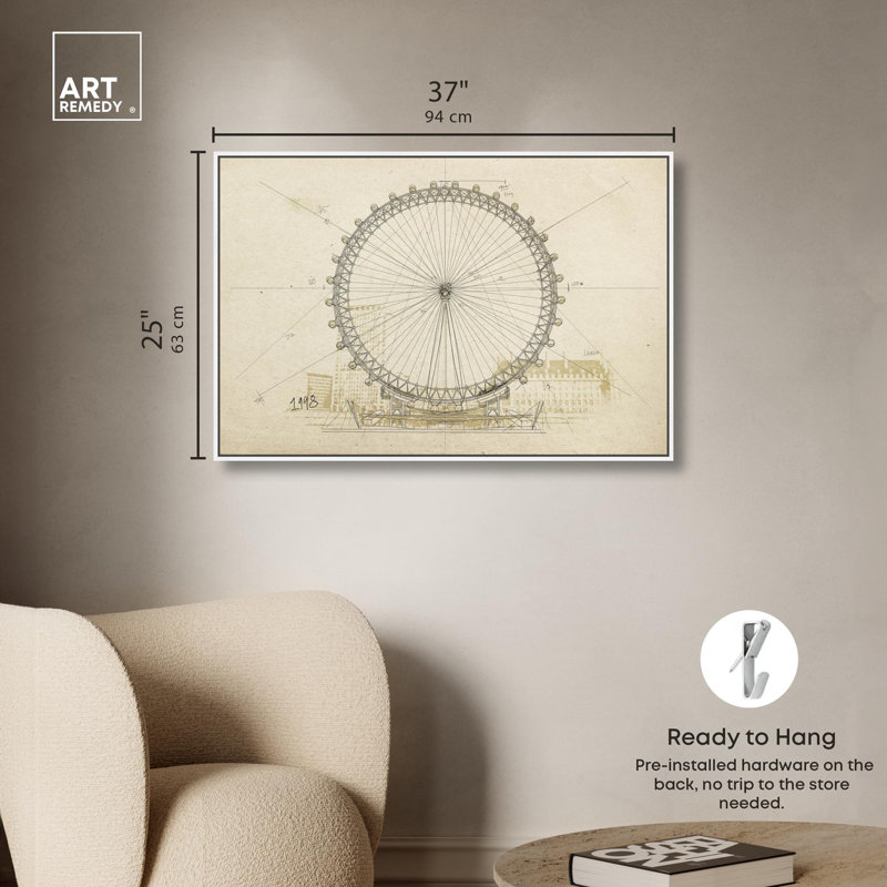 Grande roue sur toile, paysage classique par Art Remedy, H 25 po x l 37 po, Cadre flottant blanc