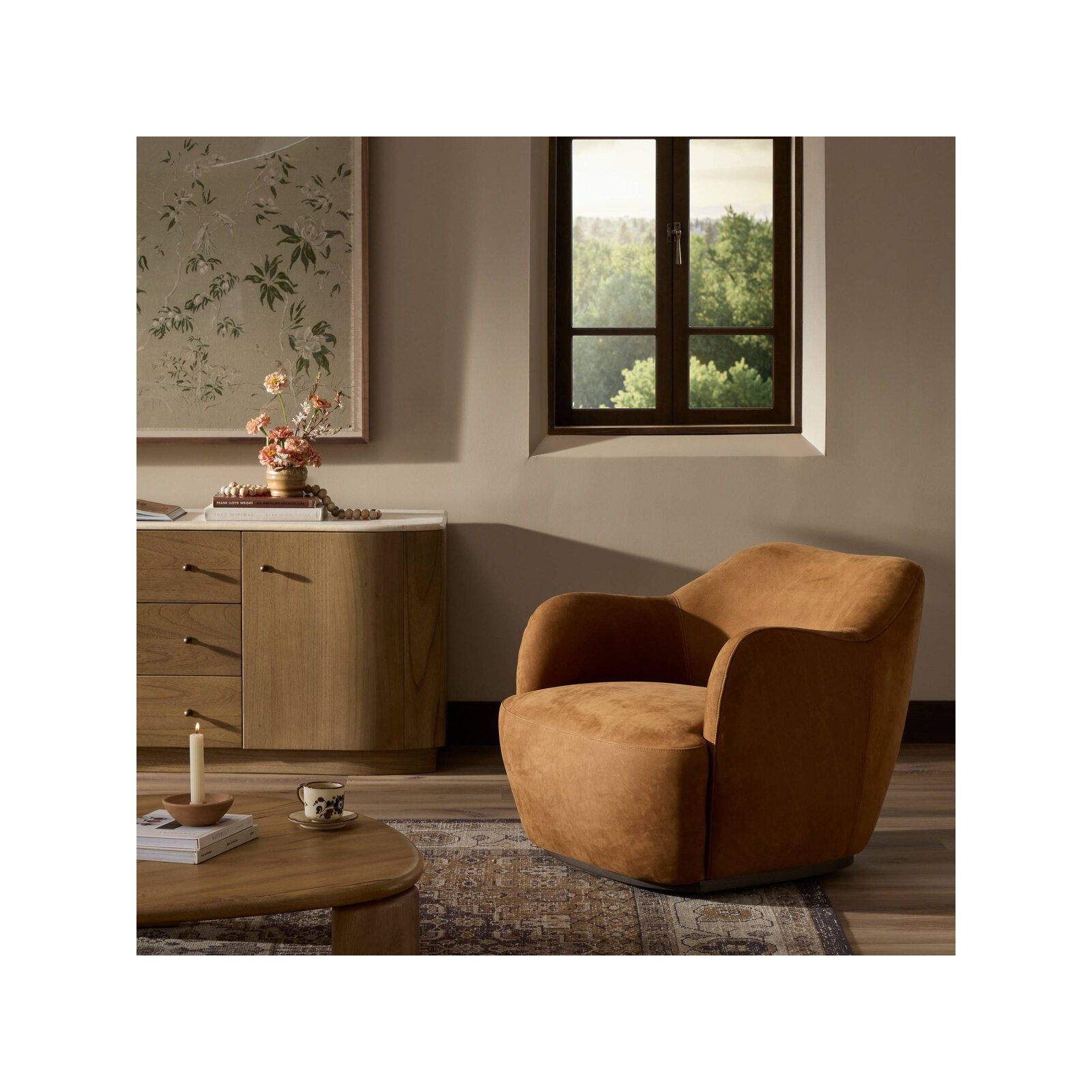 Alaska Swivel Barrel Chair, Nubuck Cognac Top Grain Leather