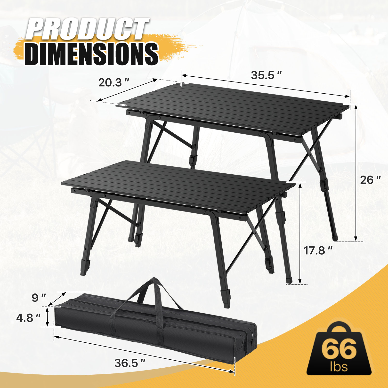 Table De Camping Pliante Voyager – Hauteur Réglable, Rangement Intégré, Légère 0,9 Kg, Pour Pique-nique Et Voyage