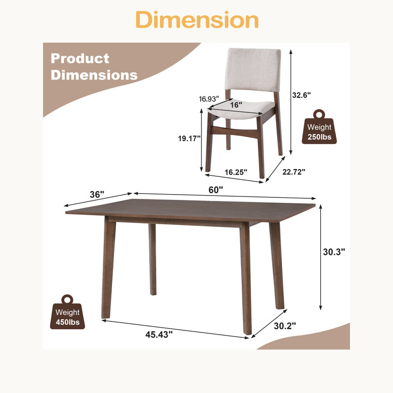 Ensemble de salle à manger moderne 7 pièces - Table rectangulaire en bois massif et chaises rembourrées en lin, Noyer foncé