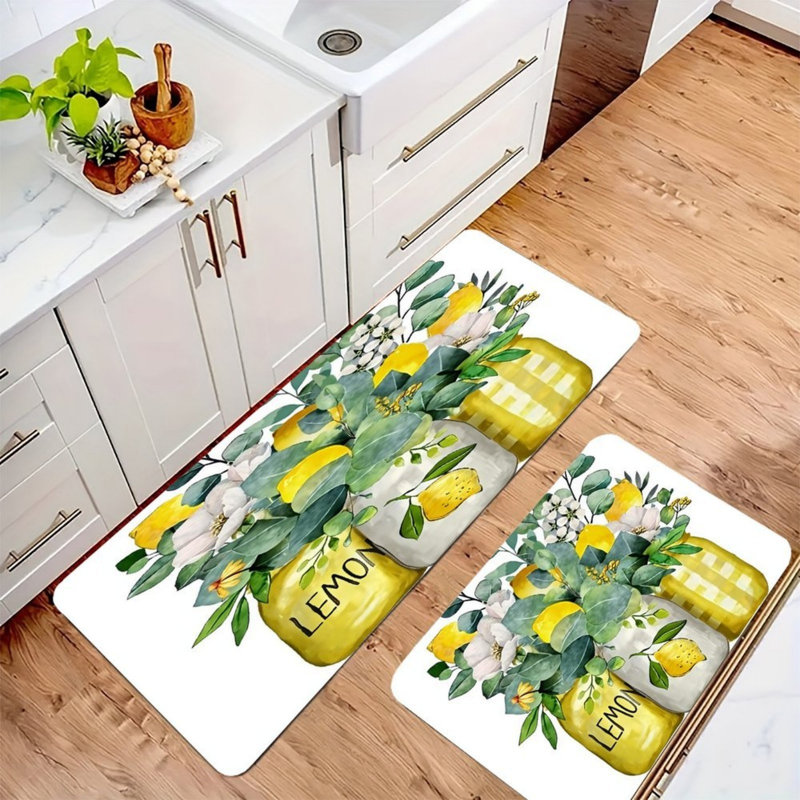 Yellow Mason Jar Lemon Kitchen Mats,2 Pack,For Kitchen & Entryway
