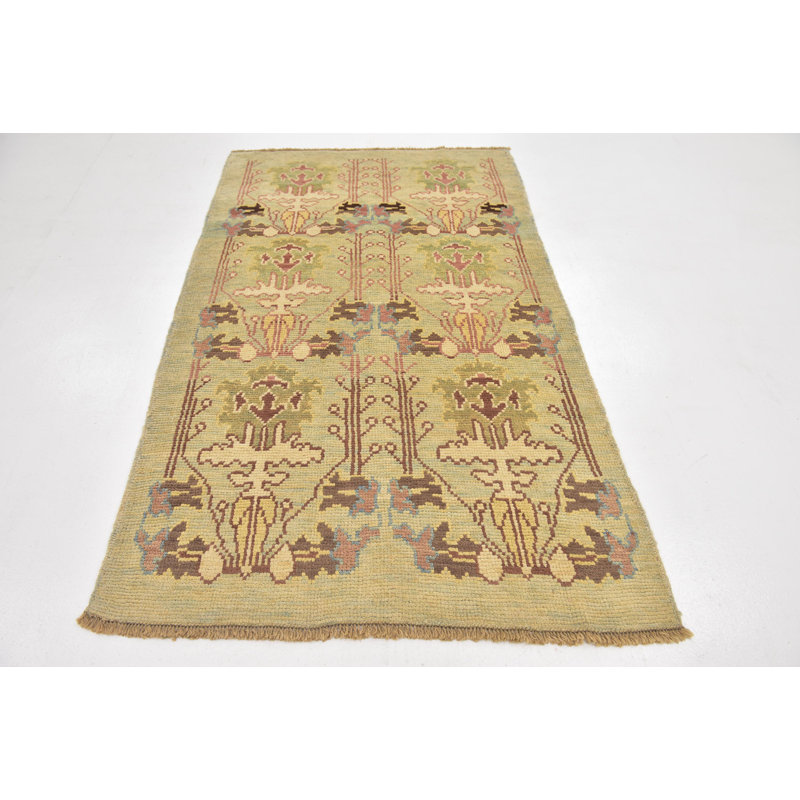 Tapis de zone en laine vert 4 pi 2 po x 7 pi 3 po one-of-kind-noué la main Mehdi