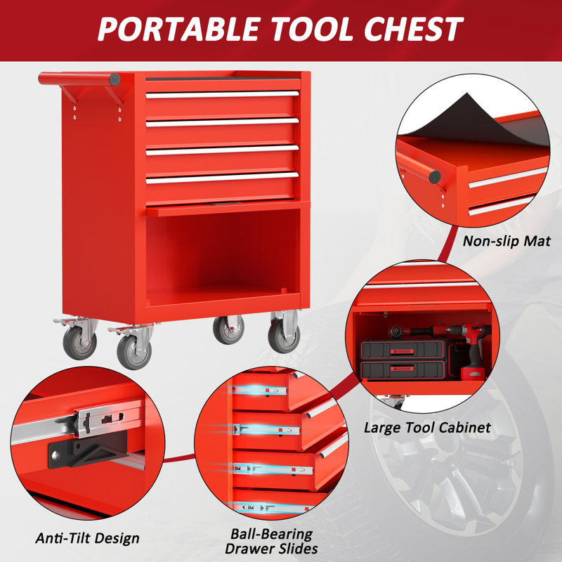 4-drawers Tool Chest With Wheels, Red