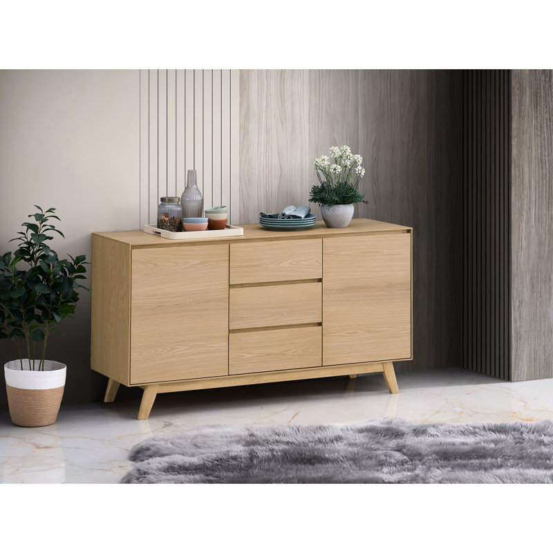 Buffet en bois synthétique avec placage de chêne et tiroir doublé de feutre, largeur 141,3 cm (55,68 po), finition élégante.