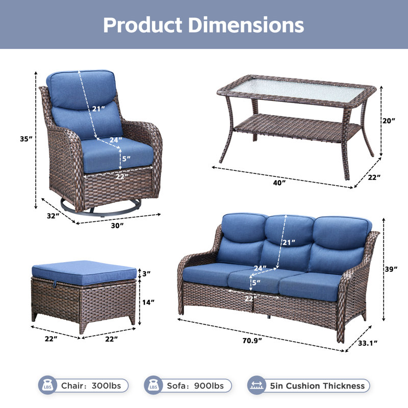 6-Piece Outdoor Wicker Patio Conversation Set With Swivel Chairs And Coffee Table, Blue, Brown