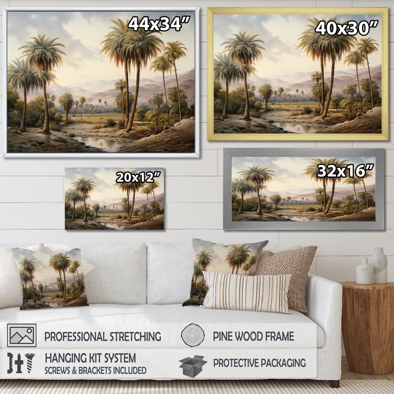 Palmier, reproduction d'art sur toile, impression de désert oasis - Palmier oasis du désert I, Cadre flottant blanc