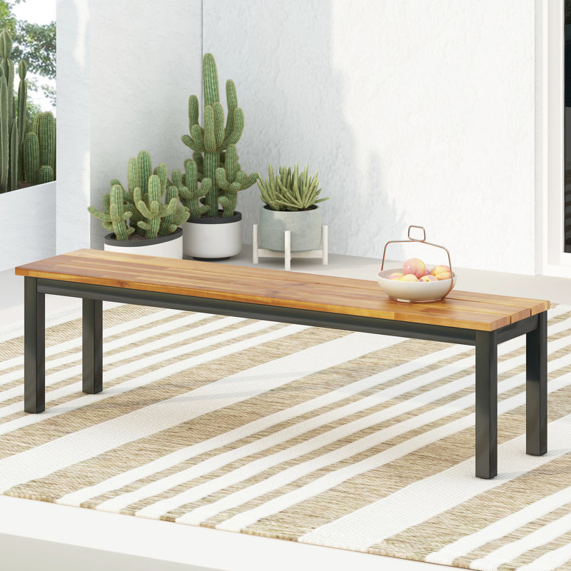 Banc en bois élégant avec base en métal pour la cour et le jardin, banc de 63 po de largeur, 15 po de profondeur, 17,7 po de hauteur, cour de soutien contemporaine en mélange de couleurs, en largeur,