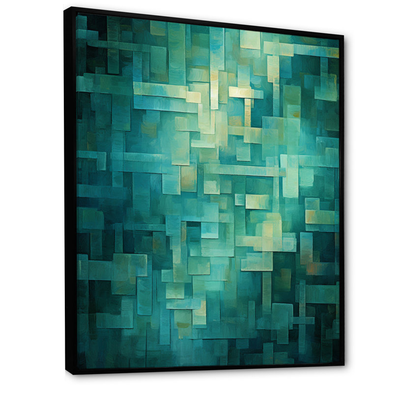 «California Sunshine» cubiste abstrait turquoise - peinture murale abstraite, H 32 po x l 16 po x P 1 po