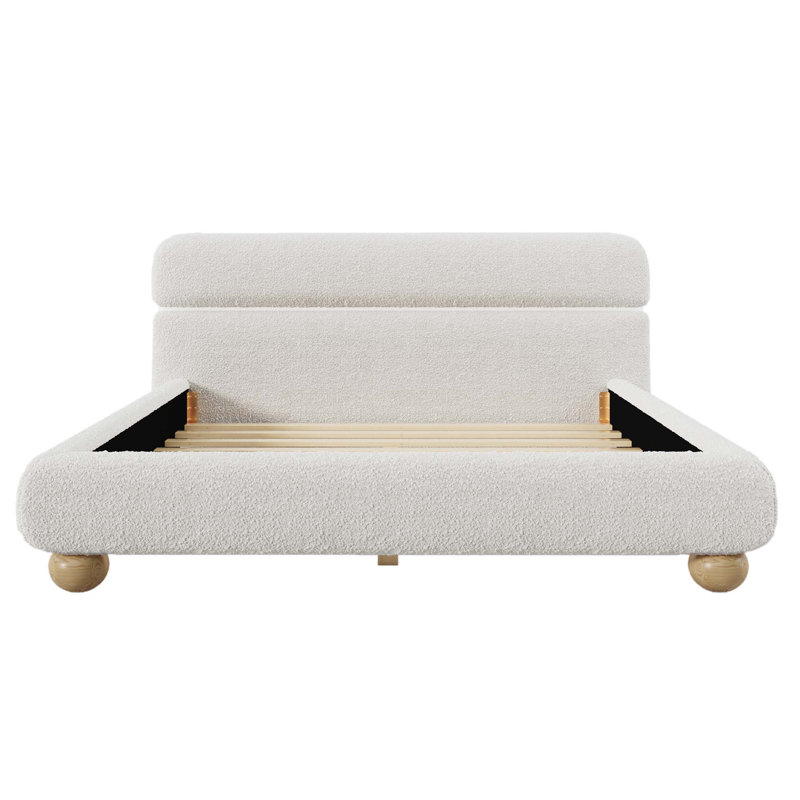 Lit tapissier contemporain avec tissu bouclé en molleton Teddy et pieds ronds massifs Design courbé élégant pour la chambre à coucher, grand lit, blanc