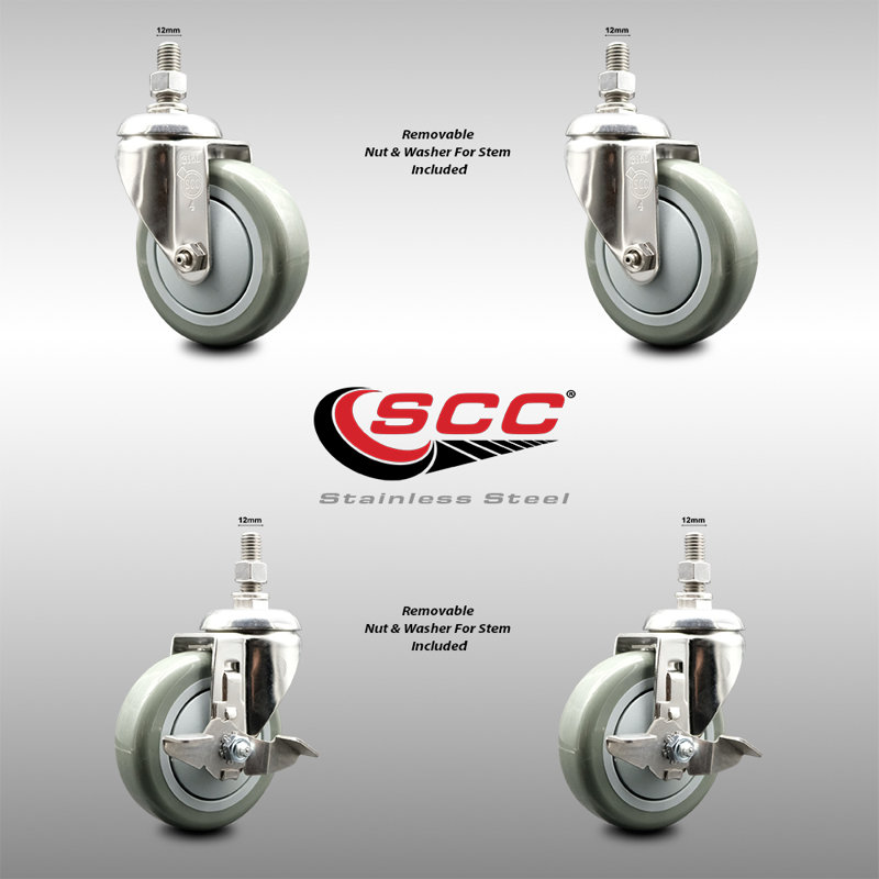 316SS Polyurethane Swivel Threaded Stem Caster Set 2 Brake
