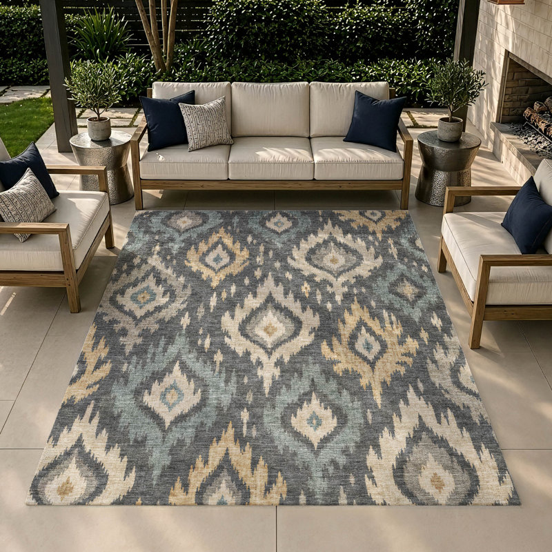 Tapis Chantille ACN3073 Ikat lavable à la machine pour intérieur/extérieur, Gris anthracite, 10 pi x 14 pi