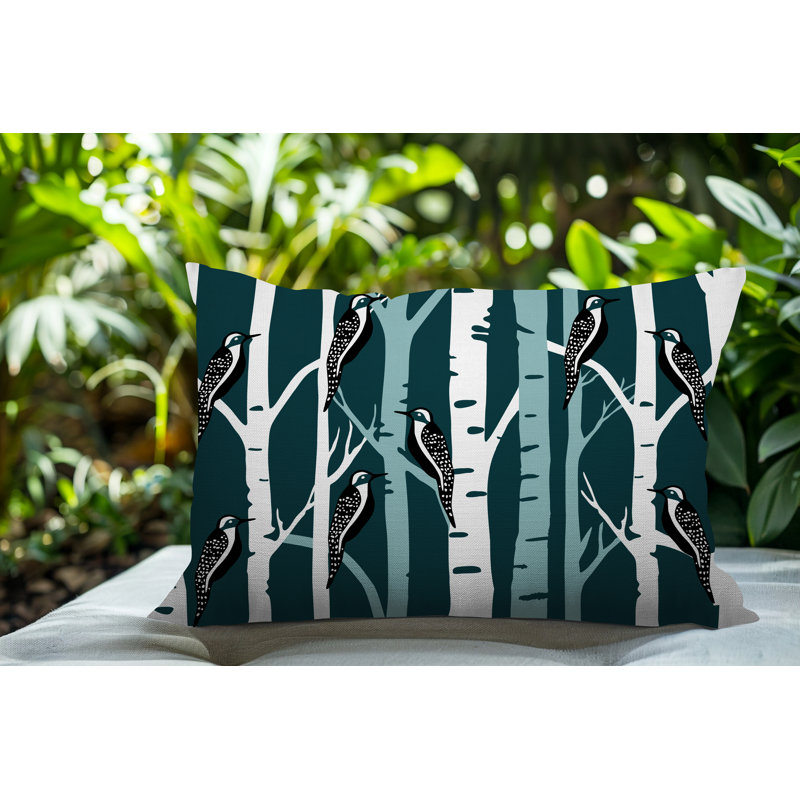 Oreiller réversible intérieur / extérieur Fiore Bird, Rectangle H 18 po x l 25 po, Émeraude