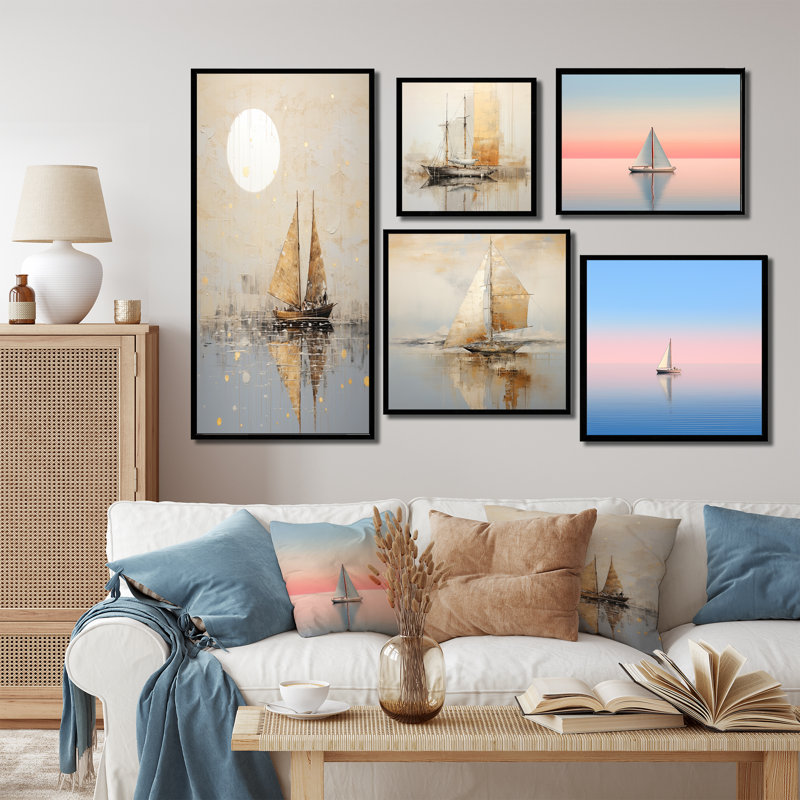 Minimalisme, pêche en bateau doré et gris - ensemble de 5 impressions sur toile, Cadre flottant noir
