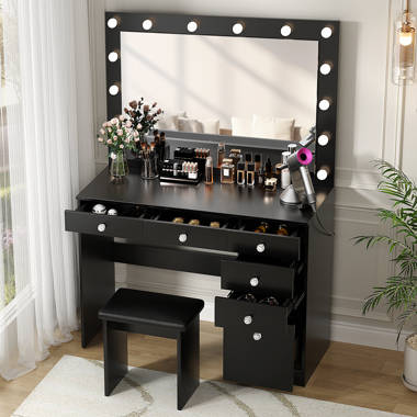 Latitude Run® Jedidiah Makeup Vanity Table with Lights, Vanity Desk with  Mirror, 4 Drawers, Dressing Table, White & Reviews