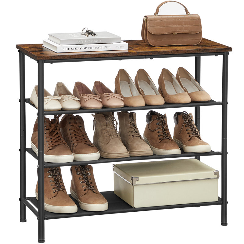4 Tier Narrow Shoe Rack 3 Fabric Shelves Top for Bags Steel Frame Entryway Closet Industrial
