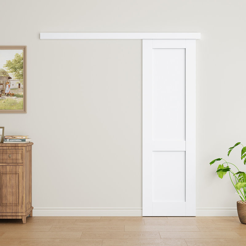 Full-assembled Door Panel, Concealed Track Sliding Barn Door White Primer Solid Wood Closet Doors With Installation Hardware Kit