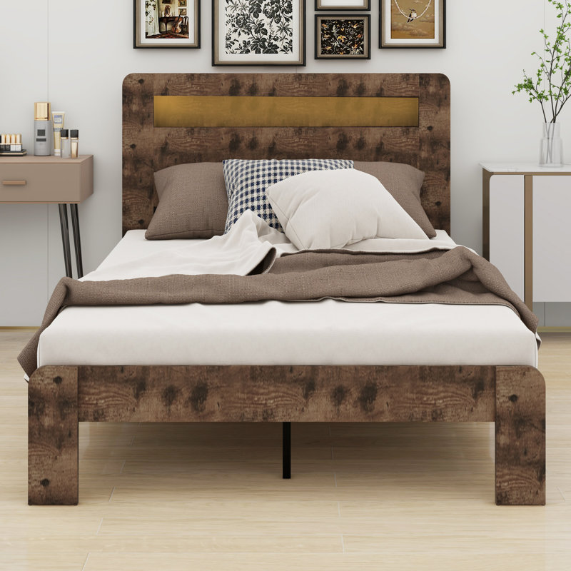 Lit de rangement minimaliste en bois avec tête de lit à DEL et USB, Lit double 